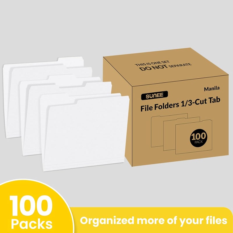 SUNEE File Folders Letter Size White, 100 Pack Manilla Folders 8.5 x 11 1/3-Cut Tabs, Colored File Folders Office Home School for Documents Files Paper - Image 2